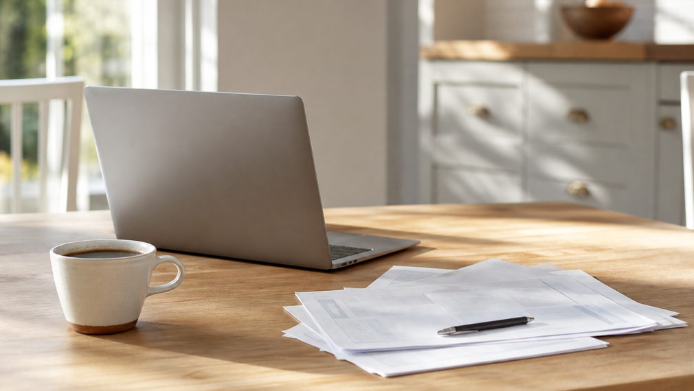 A laptop, a coffee and a few invoices on a kitchen table