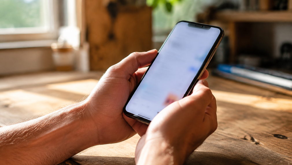 Hands holding a phone over a workbench